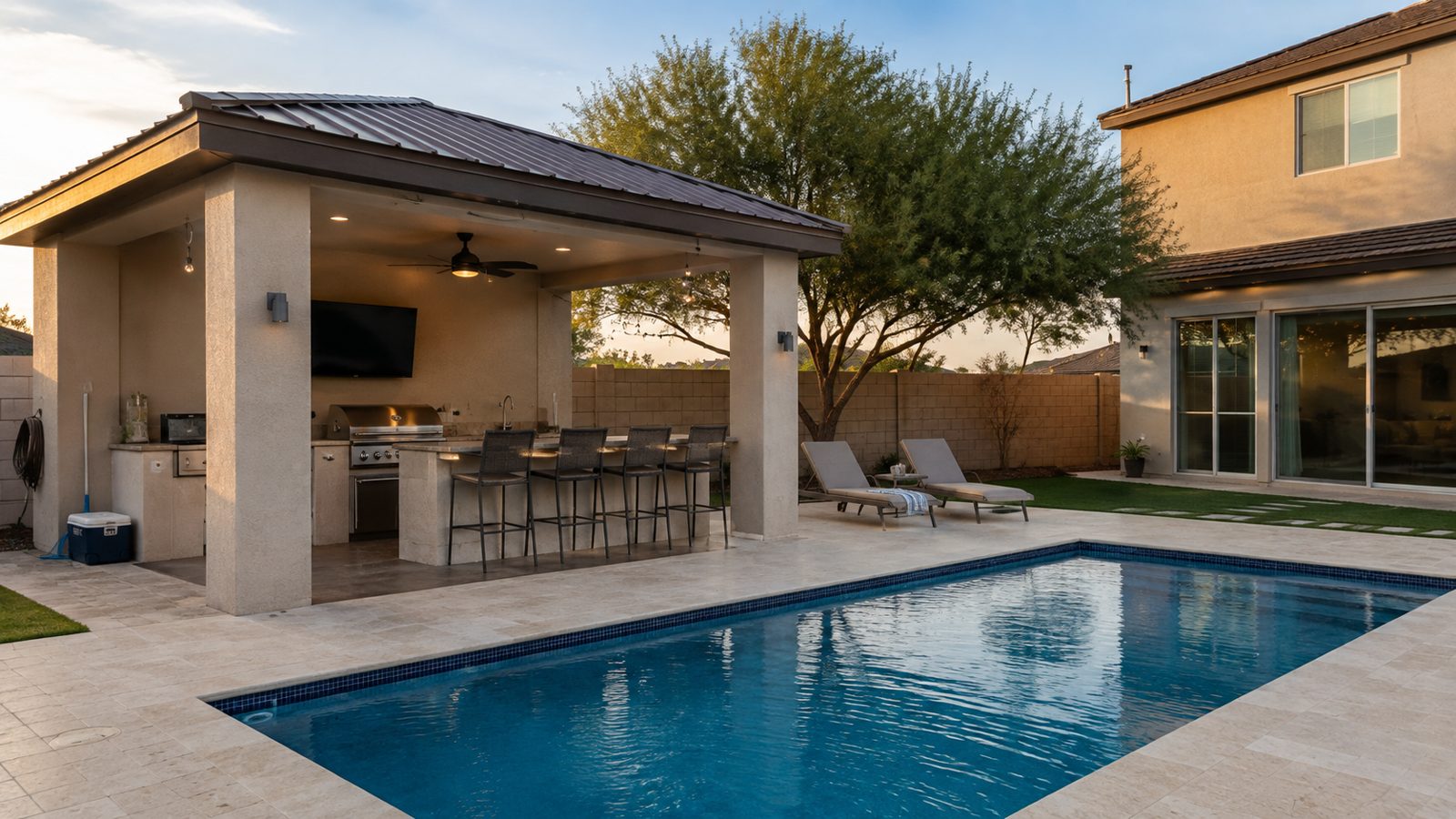 Pool with covered cabana, outdoor kitchen and bar seating